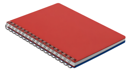 A red spiral notebook with a blue edge isolated on a completely black background