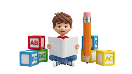 Cartoon Boy Reading Book with ABC Blocks and Giant Pencil