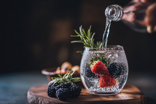 Dry january mocktail in glass with fresh blackberry strawberry and rosemary on wooden board sparkling water being poured healthy non alcoholic drink