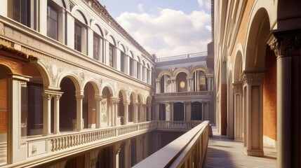 Fototapeta premium Majestic Courtyard Architecture: A Sunlit Architectural Marvel