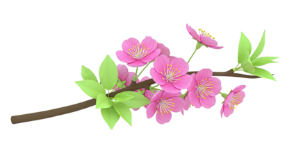 Pink cherry blossoms and green leaves on a branch