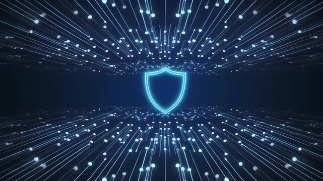 Digital Shield Security Concept with Glowing Lines and Dots. 4K Abstract Background Animation Video