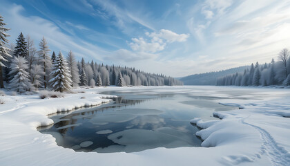 Frigid river bend with partially frozen surface, smooth ice bands, and snow-dusted banks under a bright azure sky, trees arcing over water. 4K and HD