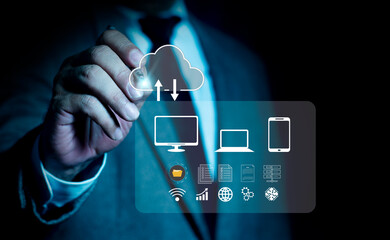 Businessman with cloud computing diagram show on virtual screen. Cloud technology concept. Backup Storage Data Internet, networking and digital.