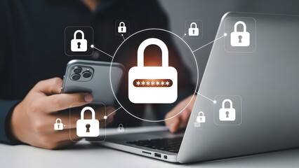 Person using smartphone and laptop with digital padlock icons for cybersecurity concept on gray background