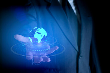Businessman can control information technology, Hand holding virtual earth global network technology. Digital network, data and science concept