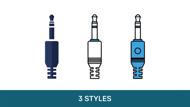 Three styles of audio jacks - Glyph and solid icon set - Flat Design Icon - line icon set - Flat Vector icon, icon, Editable stroke icon, Modern icon collection