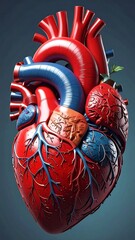 Anatomical heart model in red and blue, against a blue background, showcasing vessels and realistic textures