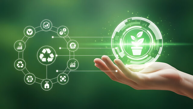 Hand holding futuristic glowing digital interface with plant and recycling icons - Powered by Adobe
