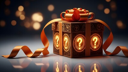 Mysterious gift box with glowing question marks on a dark background with bokeh lights