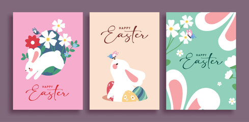 Happy Easter greeting clipart poster set. Happy Easter greeting card clip art collection with cute Easter bunny and flower elements decoration in colorful background for Sunday traditional celebration