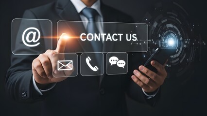 Businessman interacting with digital contact us icons on a futuristic interface
