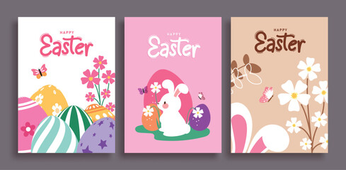 Happy Easter greeting clipart poster set. Happy Easter greeting card with cute bunny, colorful Easter egg and flowers decoration element clip art collection for Sunday Christian celebration vector