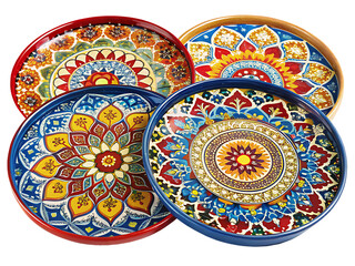 Fototapeta premium Three Round Decorative Trays With Geometric Floral Designs in Blue, Yellow, and Red Hues isolated on white background , PNG. AI Generated
