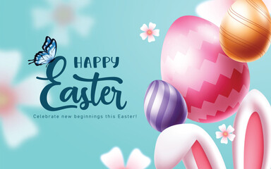 Happy Easter greeting card clipart. Happy Easter greeting and wishes poster design clip art with colorful pattern easter egg and bunny ears for banner card Sunday celebration vector illustration.
