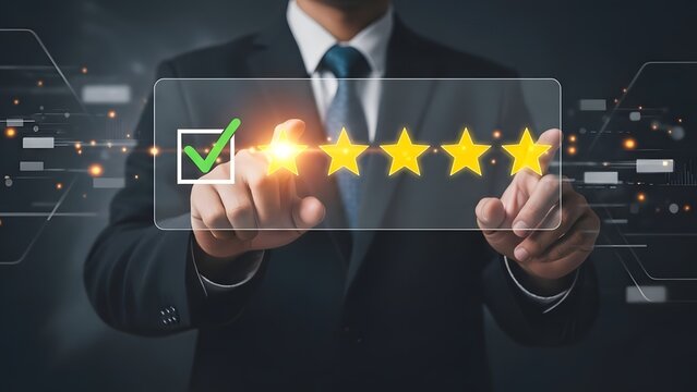 Businessman giving high rating with glowing stars and checkbox - Powered by Adobe
