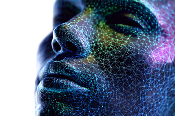 Close-up of futuristic face with glowing network connections