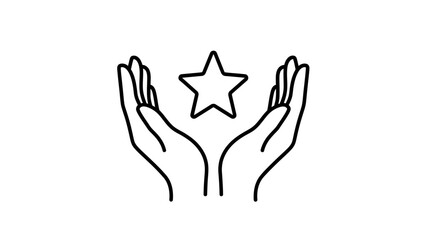 Obraz premium Open Hands Holding Star Icon – Minimal Black and White Line Symbol