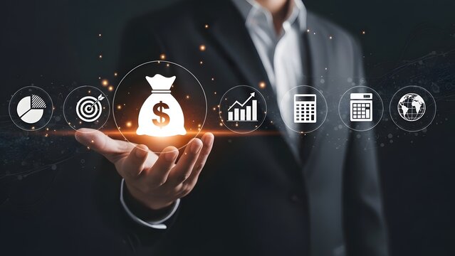 Businessman presenting financial icons and money bag with dollar sign - Powered by Adobe