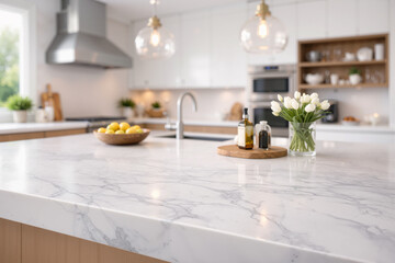 mpty marble kitchen countertop with blurred modern white kitchen in background. Elegant bright interior, natural light, clean Scandinavian style, perfect copy space for product or food mockups.