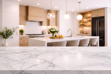 Empty marble countertop with blurred modern kitchen interior in background. Bright elegant home space with copy space for product display, food presentation or mockup design.