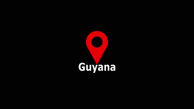 red location pin icon with the word GUYANA below it on a black background map marker navigation. 4k video