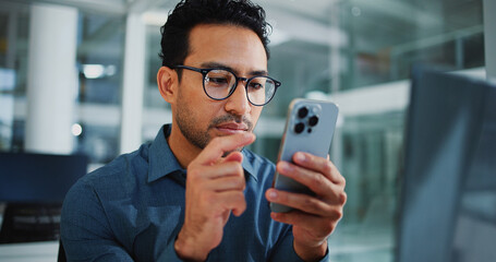 Business man, reading or phone in office, email notification or schedule update for investment...