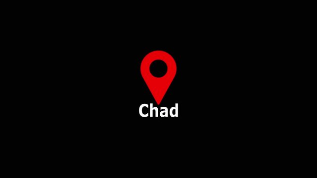 Chad Location Symbol. Chad  location marker with pin symbol animation isolated on black background. 4K video..