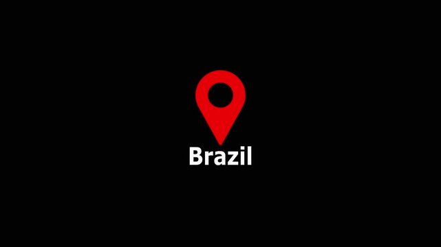 Brazil text up down location pin pointer icon with GPS location tracking icon video with black background