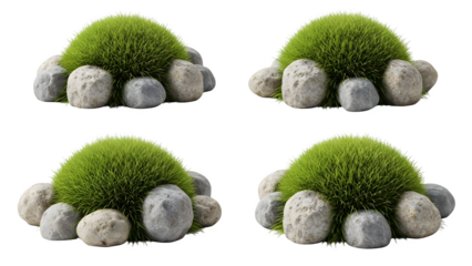 Four green mossy objects isolated on transparent background with white stones