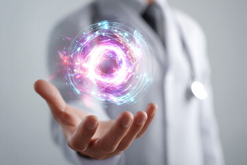 Doctor presenting futuristic glowing orb in hand with vibrant purple and blue light