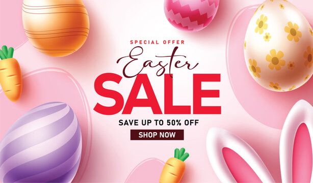 Easter Sale clipart banner design. Easter Sale text clip art for spring season special offer shopping discount with colorful printed easter egg poster card template vector illustration.
