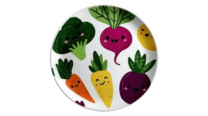 Colorful anthropomorphic vegetables cheerful plate design with smiling faces