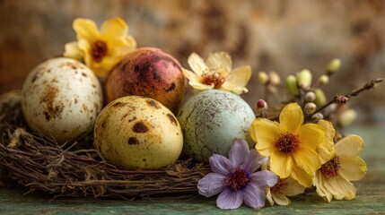 Vibrant Spring Scene With Decorative Eggs and Colorful Flowers Set for Easter Celebrations, Ideal for 2026 Trend in Advertising and Stock Imagery