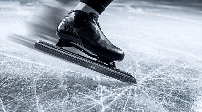 Speed skater's blade gliding over ice in a dynamic motion blur, capturing the essence of agility and speed on a frozen rink. Image made using Generative AI.