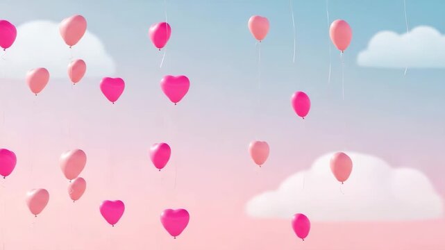 Heart-shaped pink balloons floating in a cloudy pastel sky  