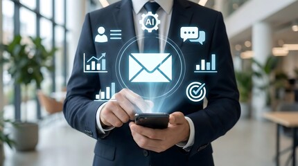Businessman holding smartphone with glowing AI,analytics,email,and communication icons,concept of digital transformation and intelligent communication