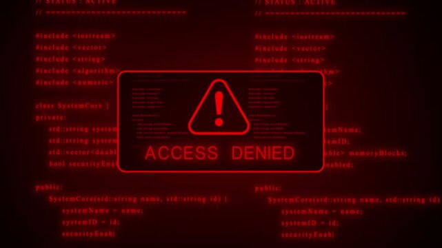 Red digital screen displaying computer code with a warning triangle symbol and glitch effects indicating a system error or alert in a dark technological environment with red hues