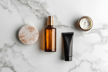 Luxurious skincare products on marble background
