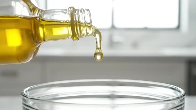 Golden Coconut Oil slowly pouring from a glass bottle, perfect for healthy cooking and culinary use