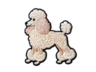 Adorable beige poodle patch with intricate embroidery on black background