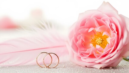 Elegant wedding rings with pink peony and feather on white background