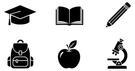 A set of six black silhouette icons related to education