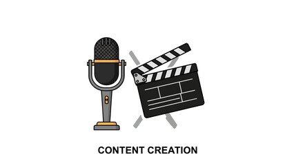 This image represents podcasting, media production, and digital content creation through a clean and creative vector illustration. It features a professional microphone and film clapperboard, symboliz