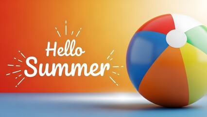 Colorful beach ball with hello summer text on vibrant background