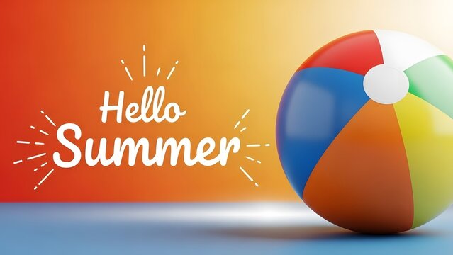 Colorful beach ball with hello summer text on vibrant background