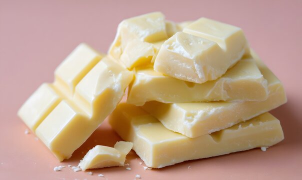 Close up of white chocolate with chunk pieces isolated on background, sweet milk choc squares.