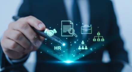 Human resources technology a hand interacting with digital icons