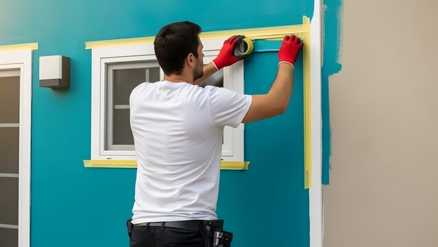 Man painting exterior wall with blue paint using masking tape