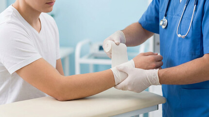 A medical professional wearing gloves carefully bandages a young patient's arm in a clean medical setting, emphasizing healthcare, treatment, and recovery